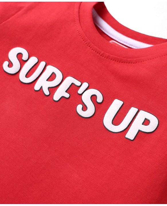 Babyhug Single Jersey Knit Beach Theme Printed Dungaree with Half Sleeves Inner Tee - Red & Navy Blue