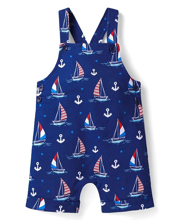 Babyhug Single Jersey Knit Half Sleeves T-Shirt & Dungaree with Nautical Theme &  Ahoy Days Text Print - Red & Navy Blue