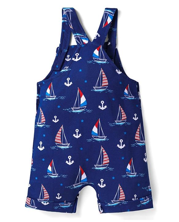 Babyhug Single Jersey Knit Half Sleeves T-Shirt & Dungaree with Nautical Theme &  Ahoy Days Text Print - Red & Navy Blue