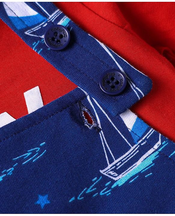 Babyhug Single Jersey Knit Half Sleeves T-Shirt & Dungaree with Nautical Theme &  Ahoy Days Text Print - Red & Navy Blue