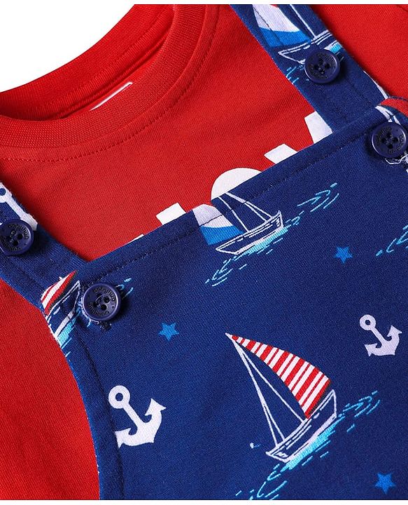 Babyhug Single Jersey Knit Half Sleeves T-Shirt & Dungaree with Nautical Theme &  Ahoy Days Text Print - Red & Navy Blue