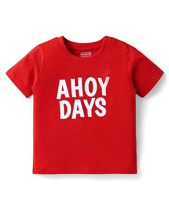 Babyhug Single Jersey Knit Half Sleeves T-Shirt & Dungaree with Nautical Theme &  Ahoy Days Text Print - Red & Navy Blue