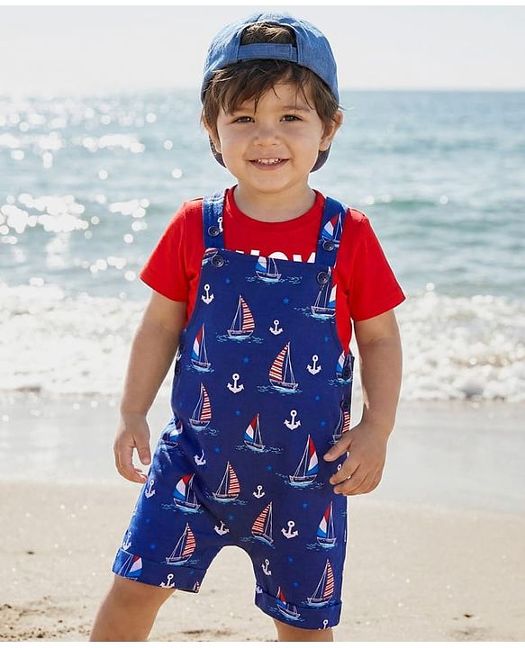 Babyhug Cotton Dungaree and Full Sleeves T-Shirt Set Cat Print - Orange and Green