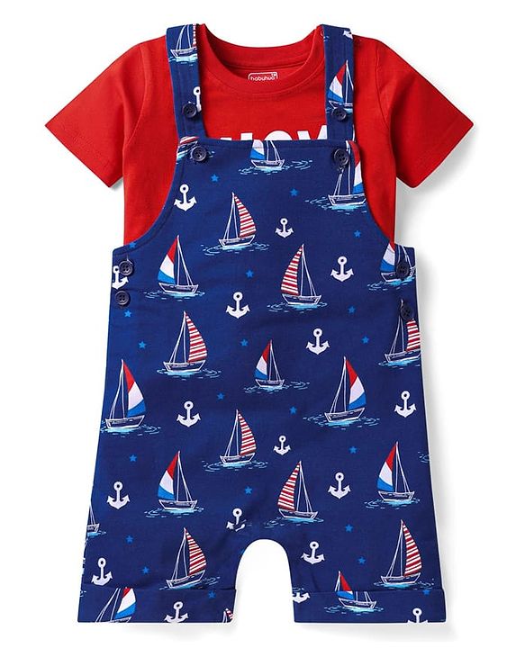 Babyhug Single Jersey Knit Half Sleeves T-Shirt & Dungaree with Nautical Theme &  Ahoy Days Text Print - Red & Navy Blue