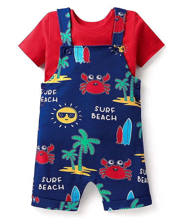 Babyhug Single Jersey Knit Beach Theme Printed Dungaree & Half Sleeves T-Shirt - Red & Navy Blue