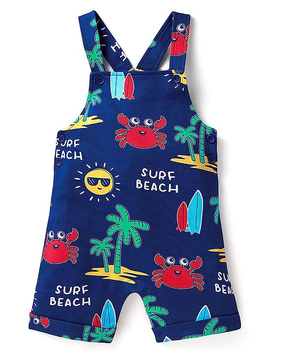 Babyhug Single Jersey Knit Beach Theme Printed Dungaree & Half Sleeves T-Shirt - Red & Navy Blue