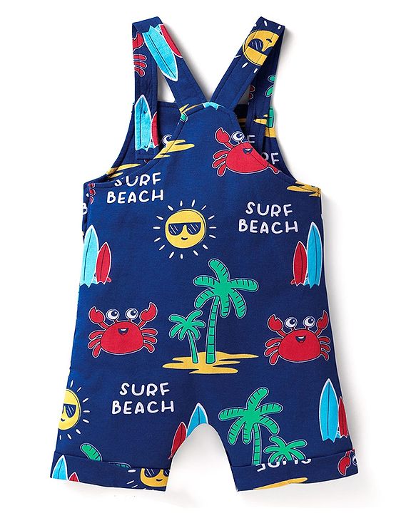 Babyhug Single Jersey Knit Beach Theme Printed Dungaree & Half Sleeves T-Shirt - Red & Navy Blue