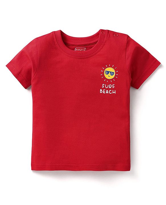 Babyhug Single Jersey Knit Beach Theme Printed Dungaree & Half Sleeves T-Shirt - Red & Navy Blue
