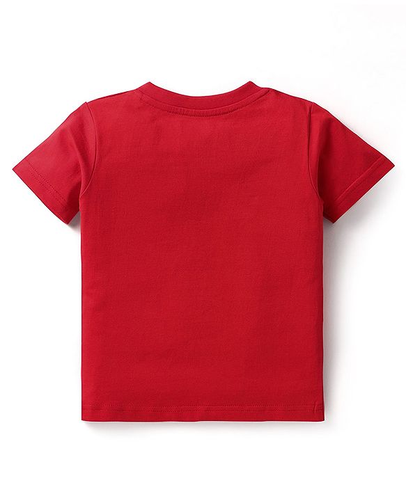 Babyhug Single Jersey Knit Beach Theme Printed Dungaree & Half Sleeves T-Shirt - Red & Navy Blue