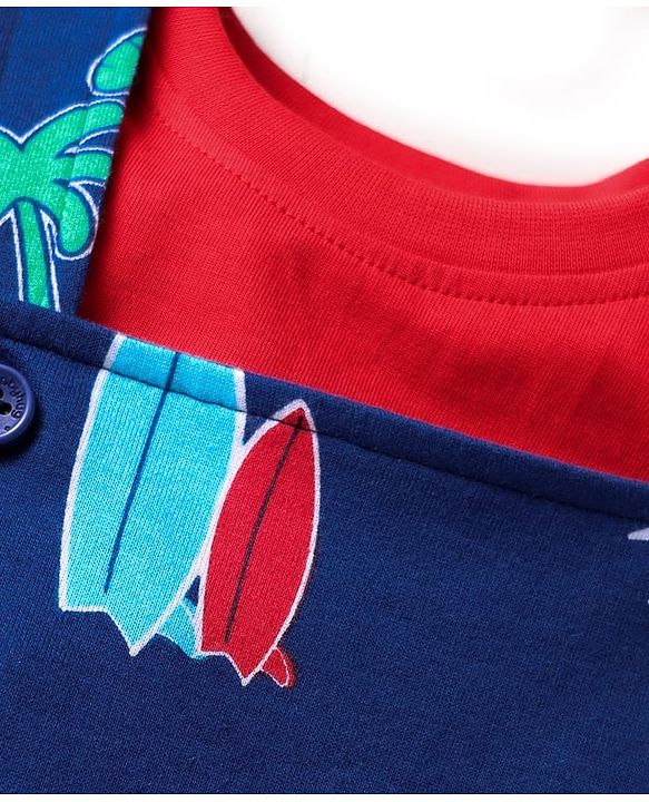 Babyhug Single Jersey Knit Beach Theme Printed Dungaree & Half Sleeves T-Shirt - Red & Navy Blue