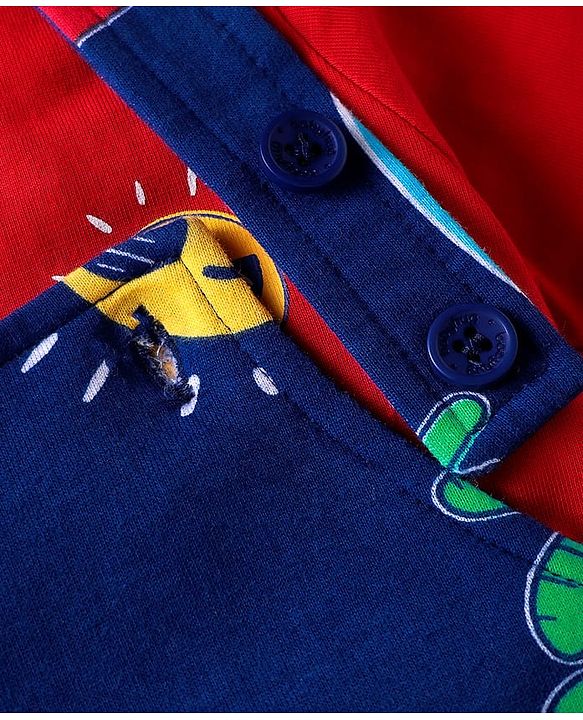 Babyhug Single Jersey Knit Beach Theme Printed Dungaree & Half Sleeves T-Shirt - Red & Navy Blue