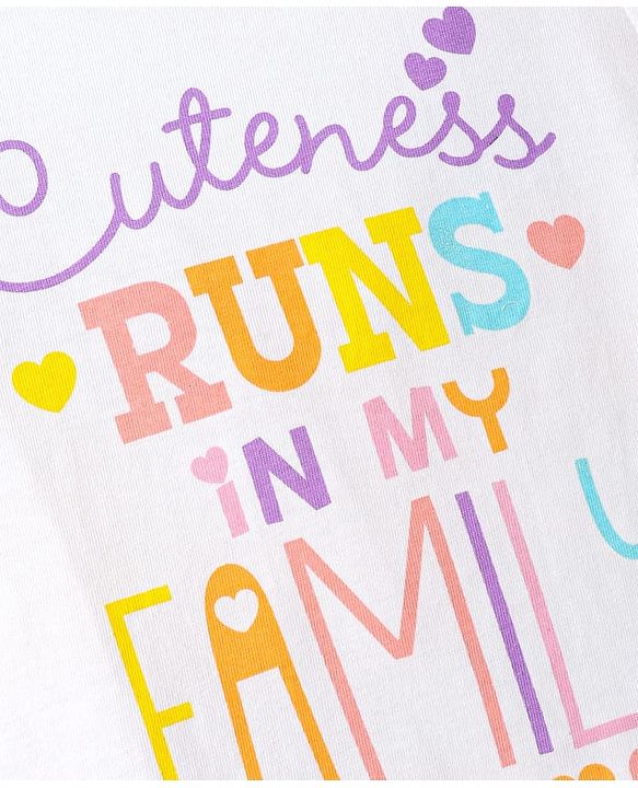 Babyhug Cotton Knit Frill Sleeves T-Shirt With Runs In the Family Text Print - White