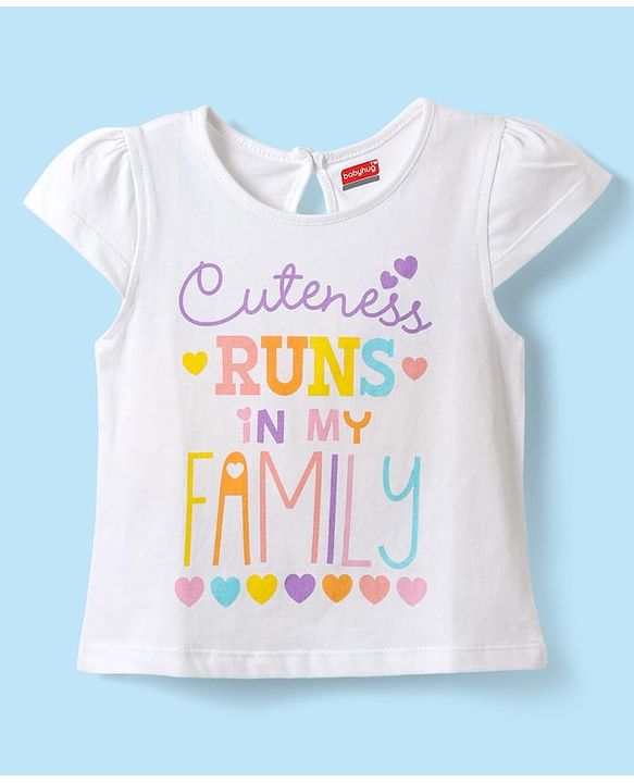 Babyhug Cotton Knit Frill Sleeves T-Shirt With Runs In the Family Text Print - White