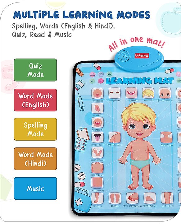 Babyhug My Body Parts Musical Learning Play Mat | 5 Modes + Read & Music Mode | Teaches Body Parts with English & Hindi Words, Quiz & Spelling | Activity Mat for Kids