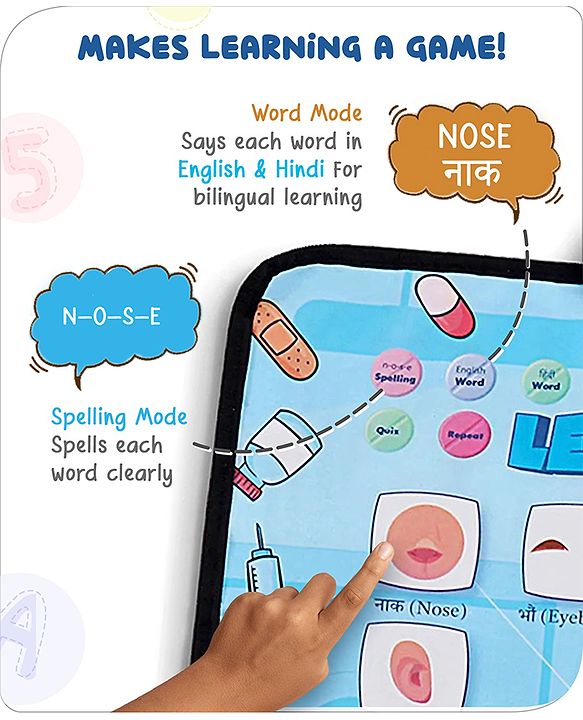 Babyhug My Body Parts Musical Learning Play Mat | 5 Modes + Read & Music Mode | Teaches Body Parts with English & Hindi Words, Quiz & Spelling | Activity Mat for Kids