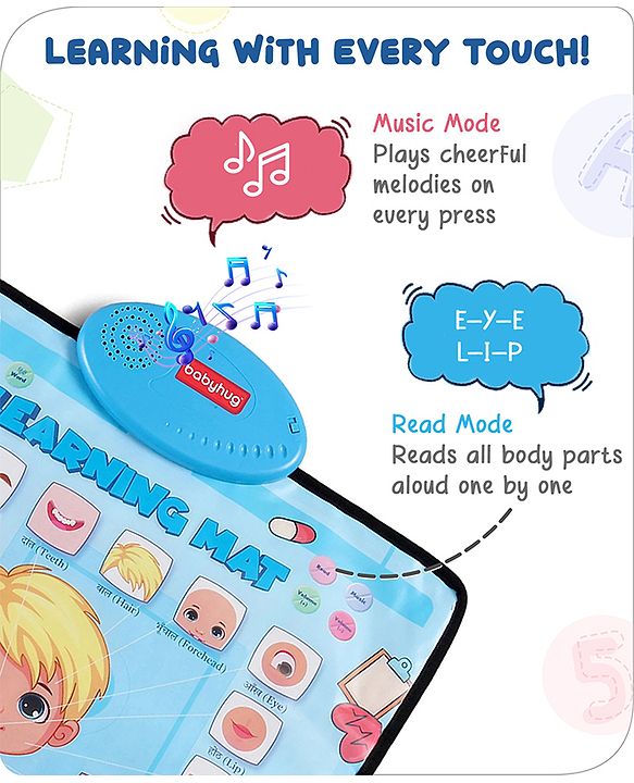 Babyhug My Body Parts Musical Learning Play Mat | 5 Modes + Read & Music Mode | Teaches Body Parts with English & Hindi Words, Quiz & Spelling | Activity Mat for Kids