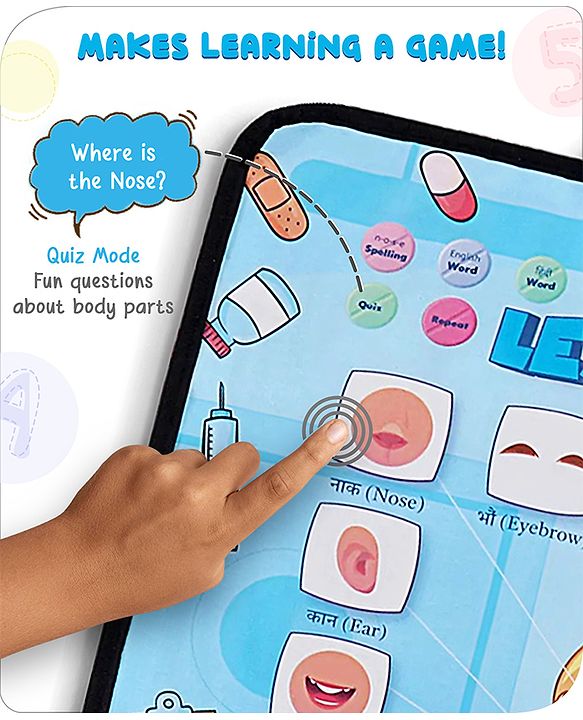 Babyhug My Body Parts Musical Learning Play Mat | 5 Modes + Read & Music Mode | Teaches Body Parts with English & Hindi Words, Quiz & Spelling | Activity Mat for Kids