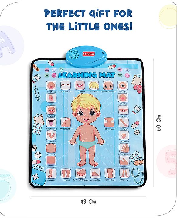 Babyhug My Body Parts Musical Learning Play Mat | 5 Modes + Read & Music Mode | Teaches Body Parts with English & Hindi Words, Quiz & Spelling | Activity Mat for Kids