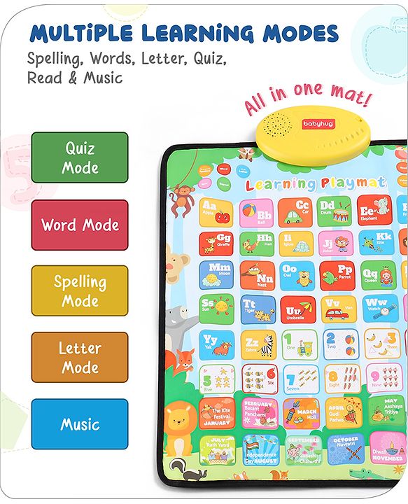 Babyhug My Body Parts Musical Learning Play Mat | 5 Modes + Read & Music Mode | Teaches Body Parts with English & Hindi Words, Quiz & Spelling | Activity Mat for Kids