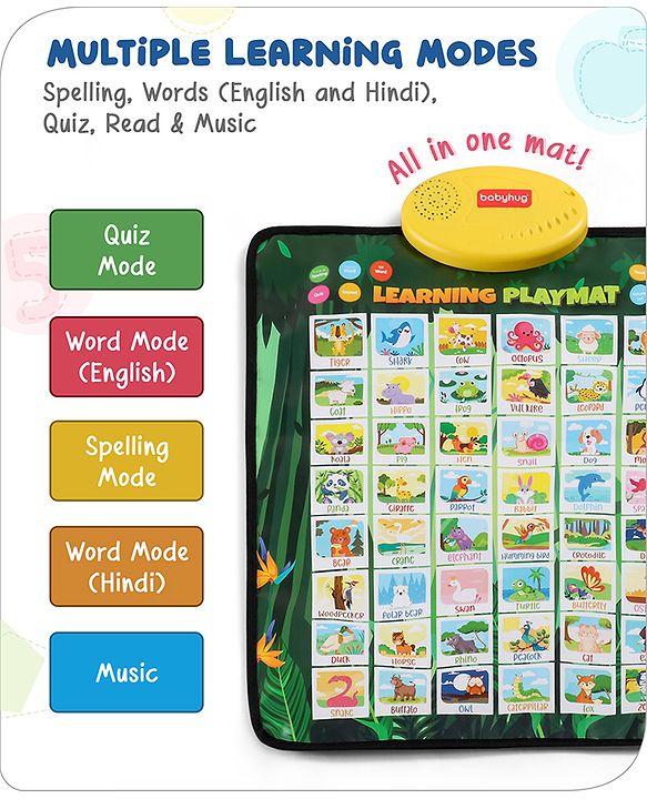 Babyhug Animals & Birds Musical Learning Play Mat | 5 Modes  English & Hindi Words, Quiz, Spelling, Music, Read Mode | Early Learning Activity Mat for Kids & Toddlers