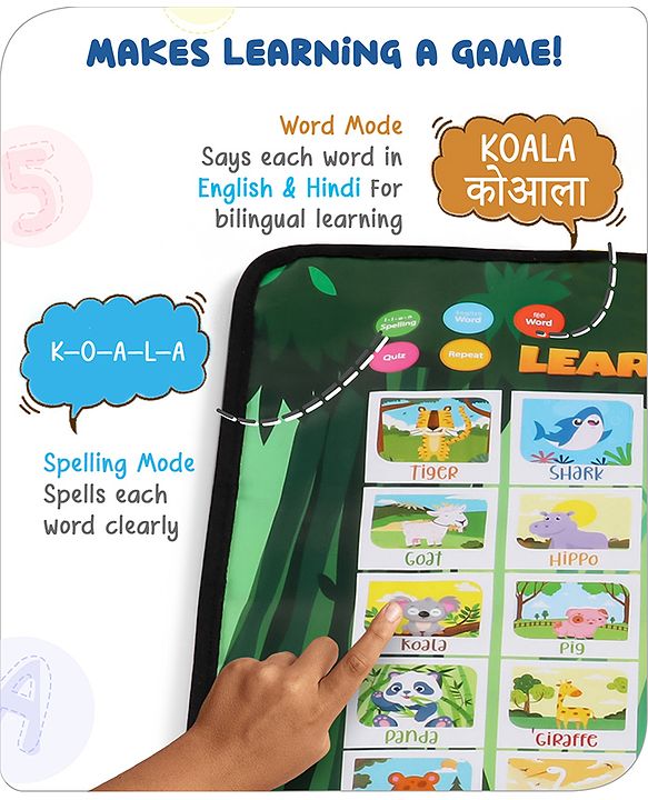 Babyhug Animals & Birds Musical Learning Play Mat | 5 Modes  English & Hindi Words, Quiz, Spelling, Music, Read Mode | Early Learning Activity Mat for Kids & Toddlers
