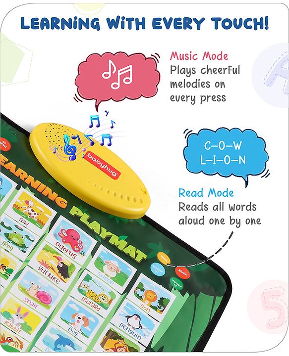 Babyhug Animals & Birds Musical Learning Play Mat | 5 Modes  English & Hindi Words, Quiz, Spelling, Music, Read Mode | Early Learning Activity Mat for Kids & Toddlers