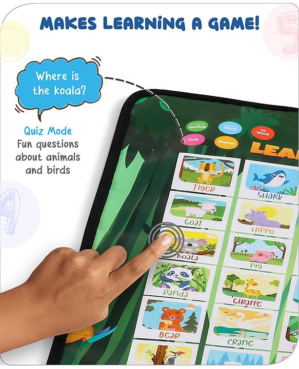 Babyhug Animals & Birds Musical Learning Play Mat | 5 Modes  English & Hindi Words, Quiz, Spelling, Music, Read Mode | Early Learning Activity Mat for Kids & Toddlers