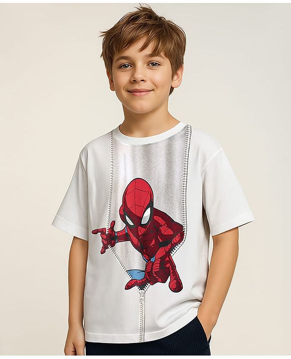 Pine Kids Marvel Single Jersey Knit Half Sleeves Drop Shoulder T-Shirt With Spider-Man Graphics - White