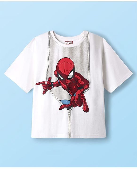 Pine Kids Marvel Single Jersey Knit Half Sleeves Drop Shoulder T-Shirt With Spider-Man Graphics - White