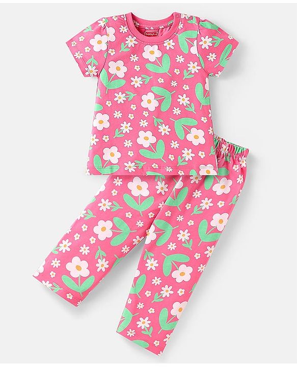 Babyhug Cotton Knit Half Sleeves Co-ord Nightsuit with Floral Print - Pink