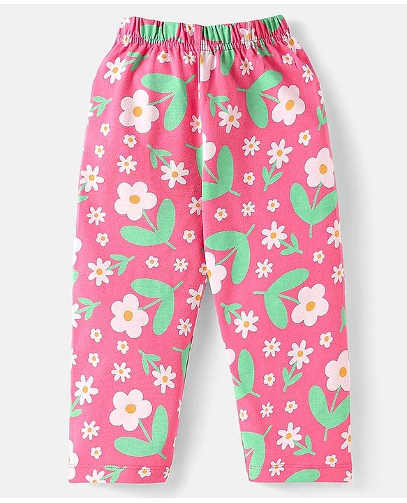 Babyhug Cotton Knit Half Sleeves Co-ord Nightsuit with Floral Print - Pink