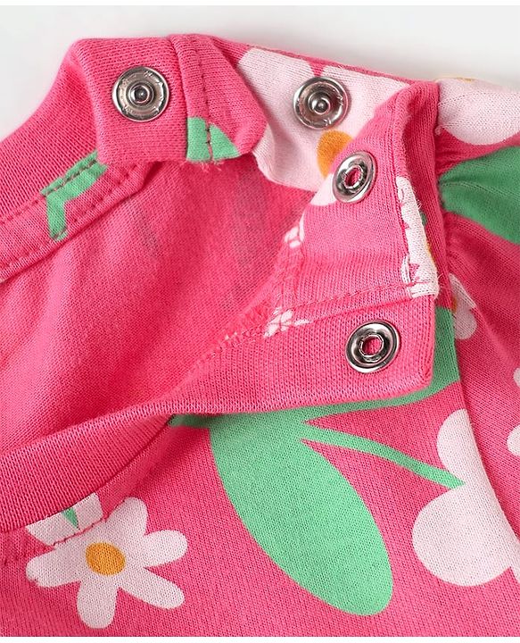 Babyhug Cotton Knit Half Sleeves Co-ord Nightsuit with Floral Print - Pink