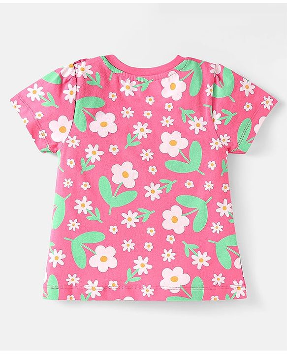 Babyhug Cotton Knit Half Sleeves Co-ord Nightsuit with Floral Print - Pink
