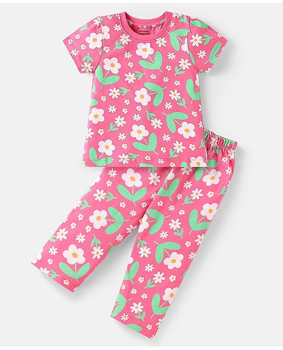 Babyhug Cotton Knit Half Sleeves Co-ord Nightsuit with Floral Print - Pink