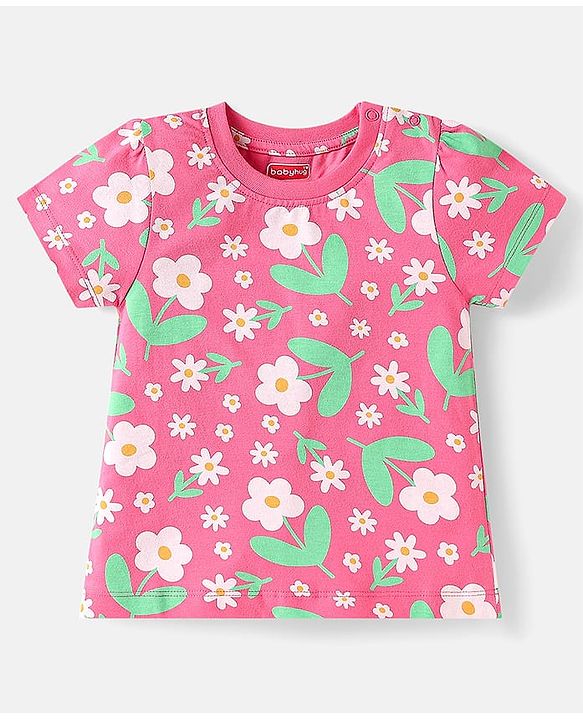 Babyhug Cotton Knit Half Sleeves Co-ord Nightsuit with Floral Print - Pink