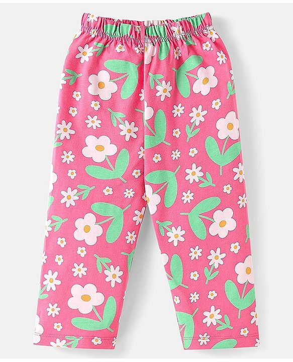 Babyhug Cotton Knit Half Sleeves Co-ord Nightsuit with Floral Print - Pink