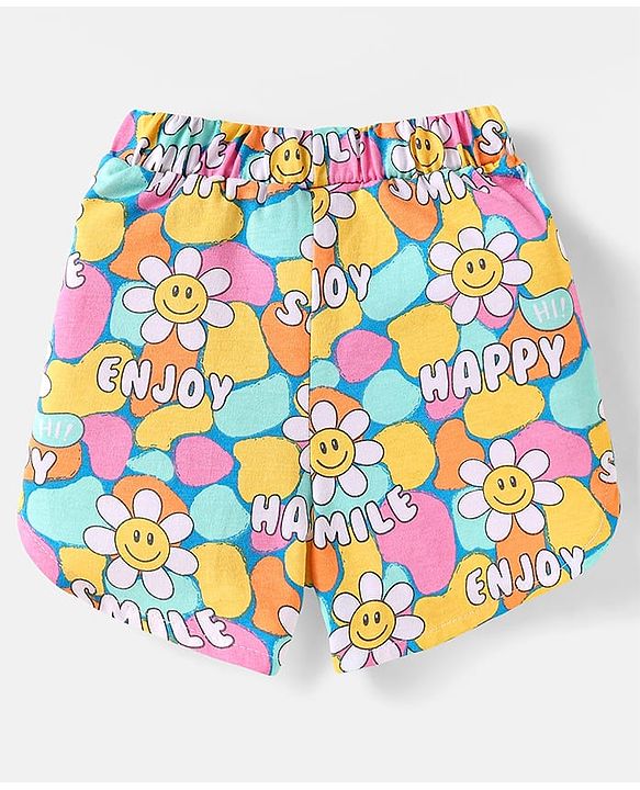 Babyhug Cotton Knit Half Sleeves Shorts Nightsuit with Smile & Floral Print - Pink