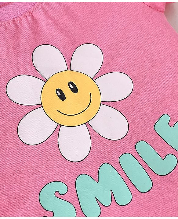 Babyhug Cotton Knit Half Sleeves Shorts Nightsuit with Smile & Floral Print - Pink