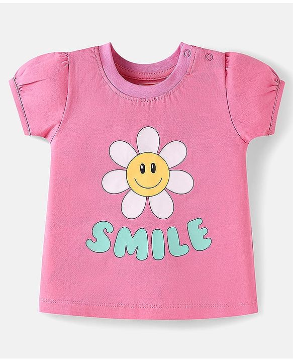 Babyhug Cotton Knit Half Sleeves Shorts Nightsuit with Smile & Floral Print - Pink