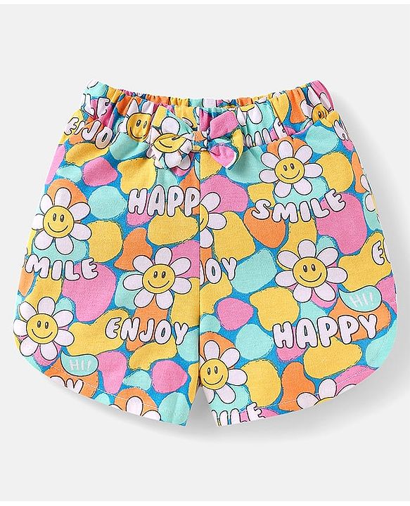 Babyhug Cotton Knit Half Sleeves Shorts Nightsuit with Smile & Floral Print - Pink