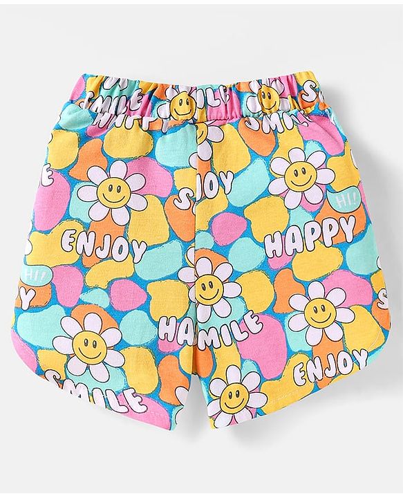 Babyhug Cotton Knit Half Sleeves Shorts Nightsuit with Smile & Floral Print - Pink