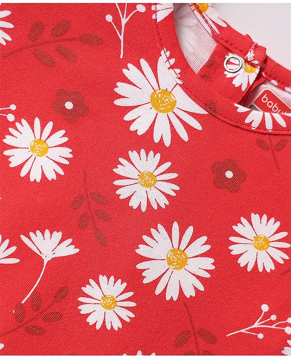 Babyhug Cotton Knit Half Sleeves Co-ord Night Suit with Floral Print - Red