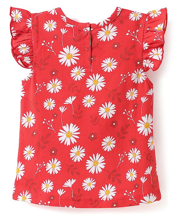 Babyhug Cotton Knit Half Sleeves Co-ord Night Suit with Floral Print - Red