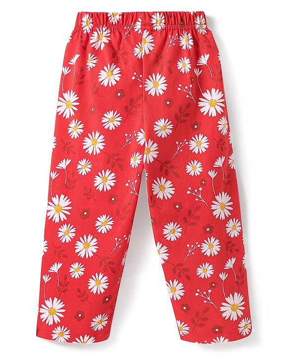 Babyhug Cotton Knit Half Sleeves Co-ord Night Suit with Floral Print - Red