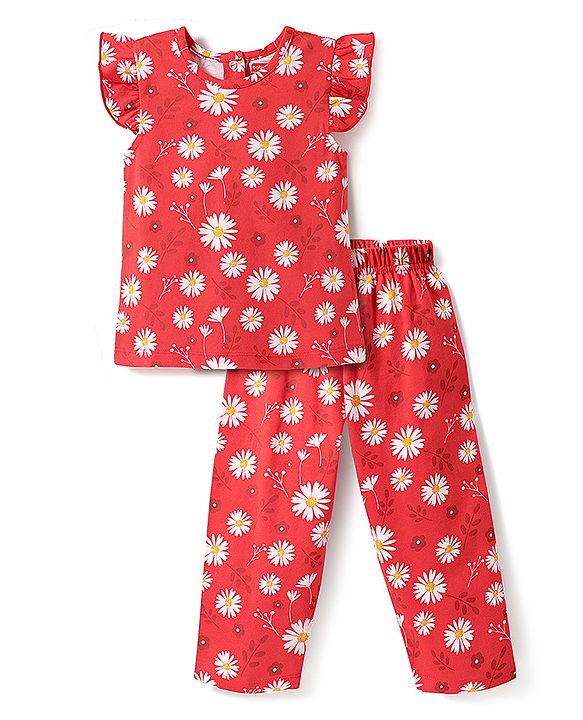 Babyhug Cotton Knit Half Sleeves Co-ord Night Suit with Floral Print - Red