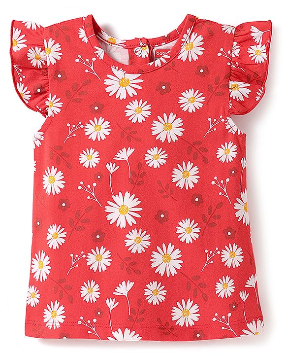 Babyhug Cotton Knit Half Sleeves Co-ord Night Suit with Floral Print - Red