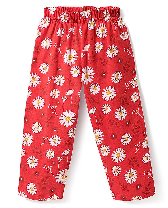 Babyhug Cotton Knit Half Sleeves Co-ord Night Suit with Floral Print - Red