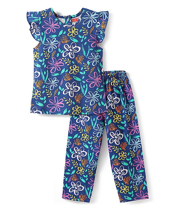 Babyhug Cotton Knit Frill Sleeves Night Suit with Floral Print - Navy Blue