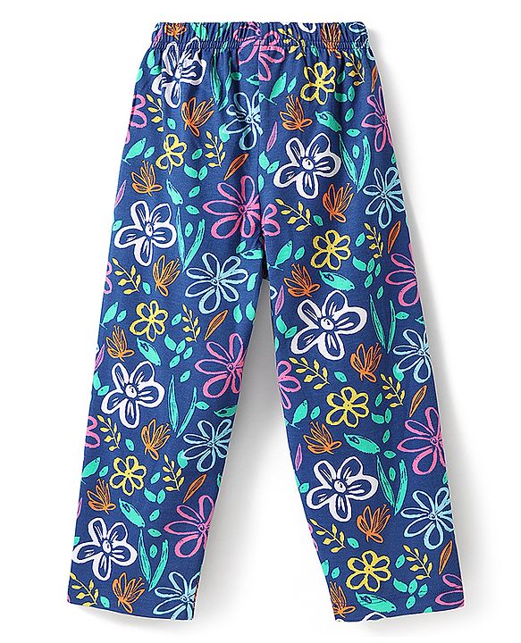 Babyhug Cotton Knit Frill Sleeves Night Suit with Floral Print - Navy Blue