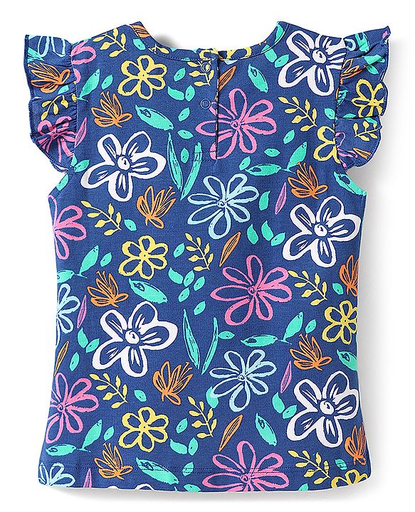 Babyhug Cotton Knit Frill Sleeves Night Suit with Floral Print - Navy Blue